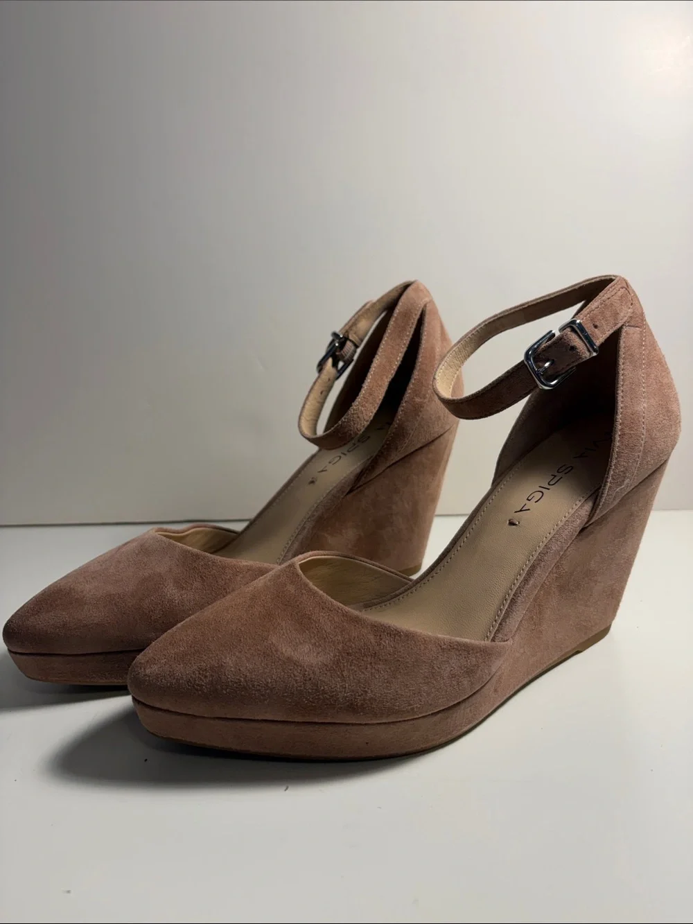 Via Spiga Dusty Rose Suede Ankle-Strap Wedges